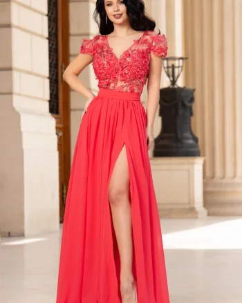 Rochie de seara Larissa coral din voal cu flori 3D