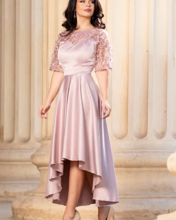 Rochie de soacra rose cu flori 3D si pliseuri