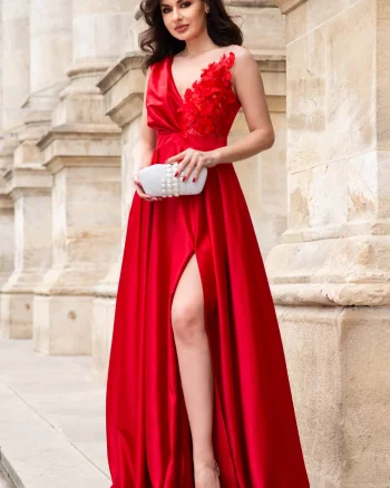 Rochie de seara rosie lunga din tafta Saturn cu flori 3D