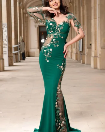 Rochie de seara eleganta lunga verde Anelisse tip sirena cu flori de cires brodate