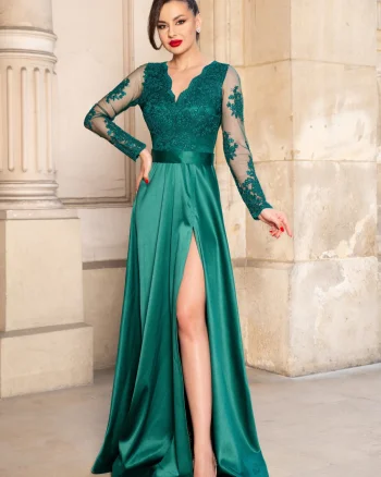 Rochie de seara verde din tafta Joana lunga cu bust din dantela