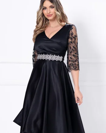 Rochie eleganta midi in clos neagra cu maneci din tulle brodat