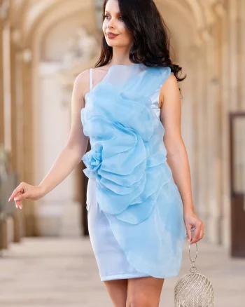 Rochie scurta de ocazie bleu Rosalia cu floare maxi din organza