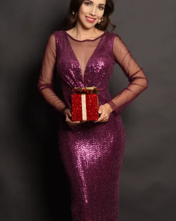 Rochie eleganta de ocazie Celeste mov cu paiete si maneci din tulle