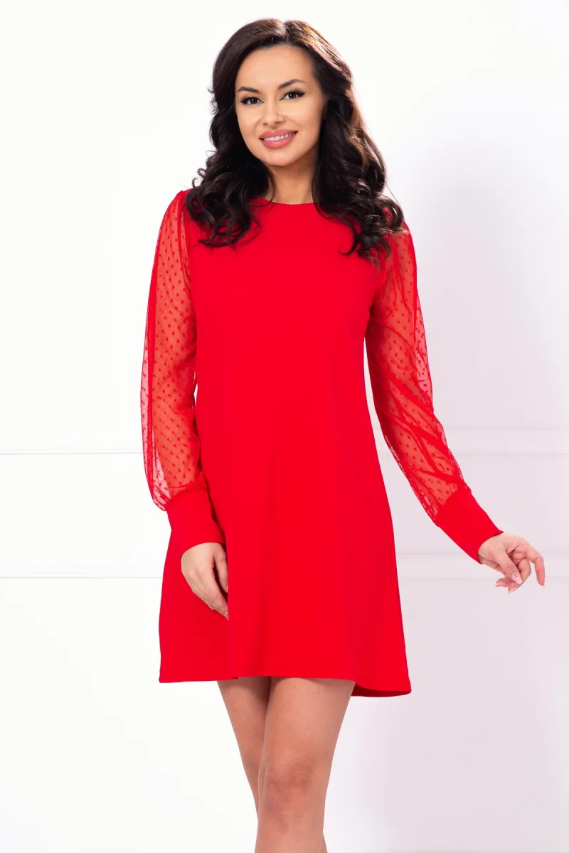 Rochie rosie lejera cu maneci din tulle cu buline