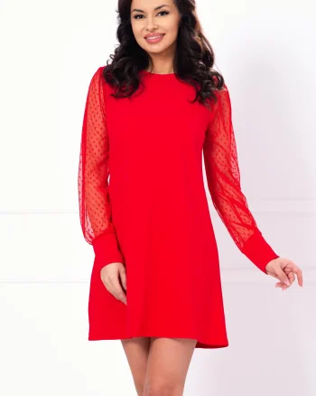 Rochie rosie lejera cu maneci din tulle cu buline