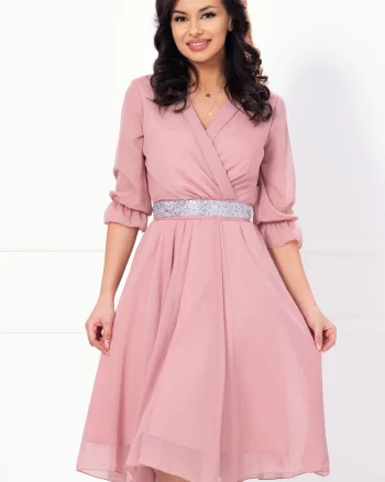Rochie de ocazie in clos rose cu cordon stralucitor si insertii argintii