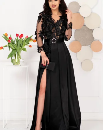 Rochie de seara eleganta neagra Ofelia cu flori 3D
