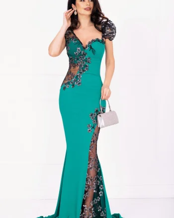 Rochie de seara tip sirena Sherrel verde cu flori din paiete argintii