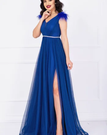 Rochie de seara Gratiela albastru royal cu perle in talie si accesoriu tip fulgi