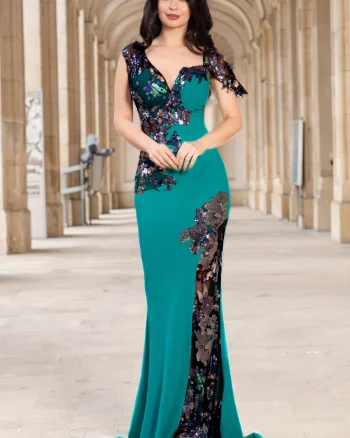 Rochie eleganta tip sirena Kany aqua cu model din paiete si flori pastelate