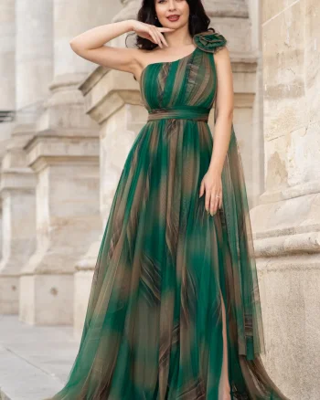 Rochie pretioasa Josephine verde cu imprimeu tip pictura