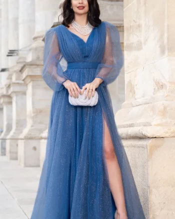 Rochie de seara lunga eleganta bleu Esmeralda cu glitter