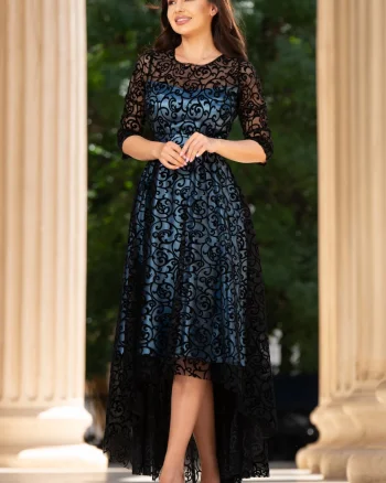 Rochie de ocazie asimetrica Francesca cu model din catifea si dublura bleu