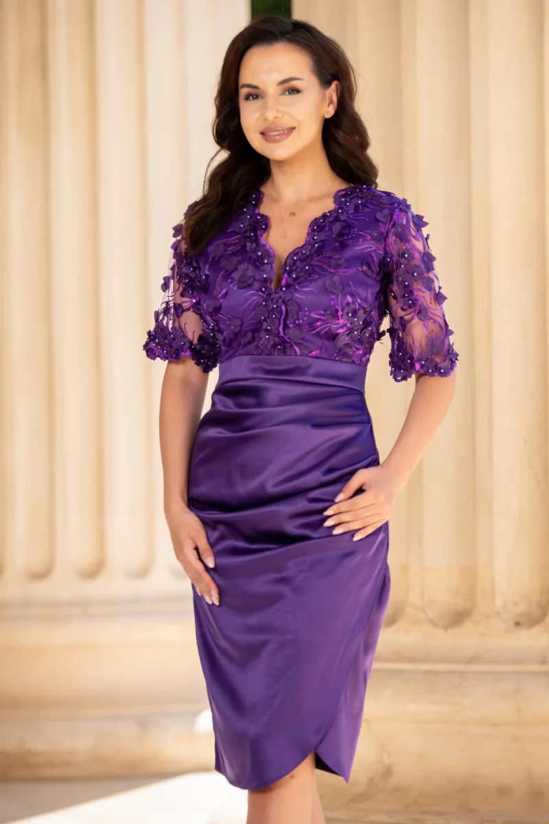 Rochie de ocazie conica mov Catlyn cu bust din flori brodate