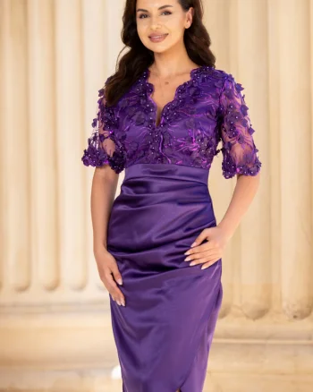 Rochie de ocazie conica mov Catlyn cu bust din flori brodate
