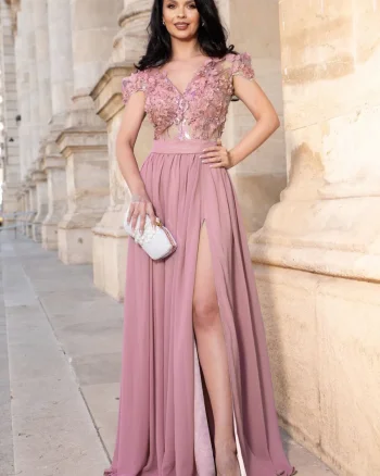 Rochie de seara eleganta rose Larissa din voal cu flori 3D