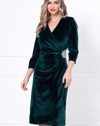 Rochie eleganta verde din catifea Caterina cu glitter si accesoriu argintiu in talie