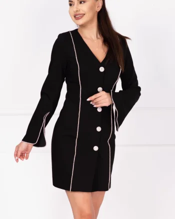 Rochie de ocazie tip sacou cu benzi pretioase din strassuri argintii