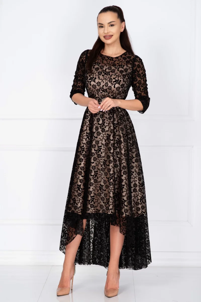 Rochie de ocazie asimetrica Francesca cu model floral din catifea si dublura bej
