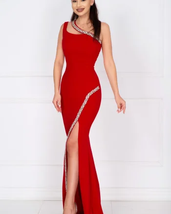 Rochie de seara rosie lunga Florence decorata cu pietre sclipitoare