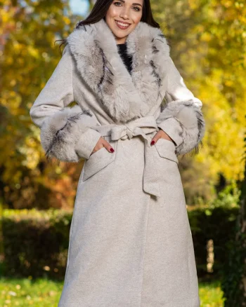 Palton dama bej elegant Fabiola din stofa cu guler din blana