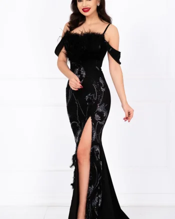 Rochie de seara eleganta neagra Casiana cu model floral din margele