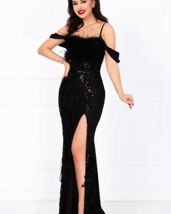Rochie de seara eleganta neagra Casiana decorata cu margele si fulgi