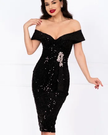 Rochie de ocazie neagra din paiete Iolanda cu accesoriu din strassuri