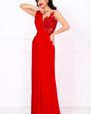 Rochie lunga de seara Gilda rosie cu fronseuri si bust brodat