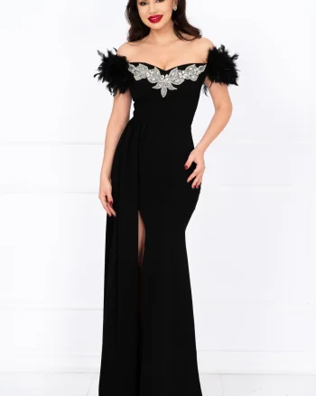 Rochie de seara lunga neagra tip sirena Alissa cu fulgi si trena