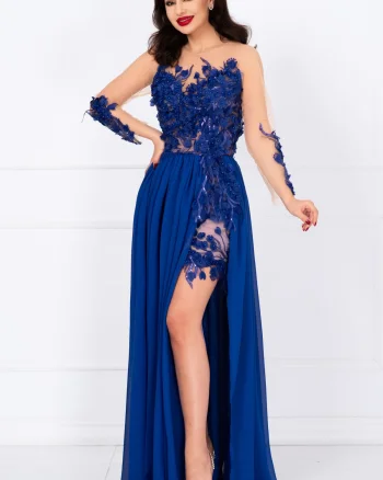 Rochie de seara lunga albastra Mikaela decorata cu flori 3D