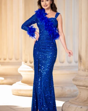Rochie eleganta albastru royal Isabela cu fronseuri si insertie de fulgi