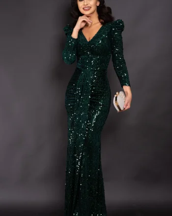 Rochie de seara eleganta Clarisse tip sirena din paiete verzi