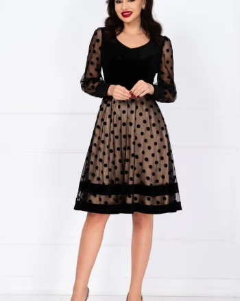 Rochie eleganta in clos din catifea cu dublura bej si buline