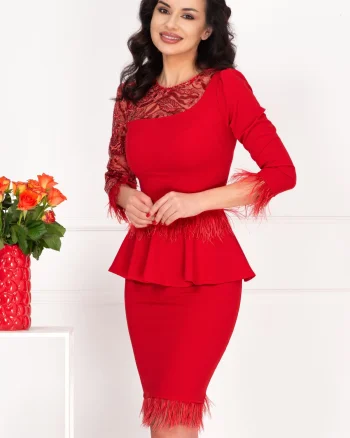 Rochie de ocazie rosie Gardenia cu peplum si fulgi