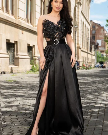 Rochie eleganta Ofelia neagra lunga cu flori 3D