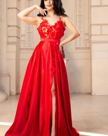 Rochie de nasa Abigail rosie tip printesa din tafta cu flori 3D