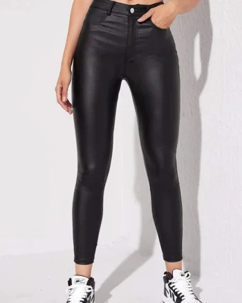 Pantaloni cu talie inalta si efect push-up din piele ecologica