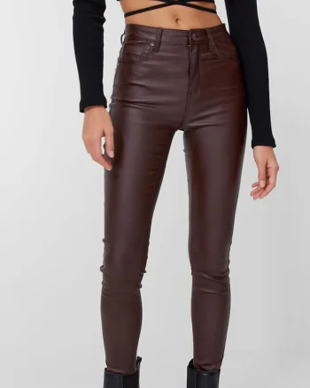 Pantaloni Dallas, din piele ecologica, cu talie inalta si push-up, Bordo