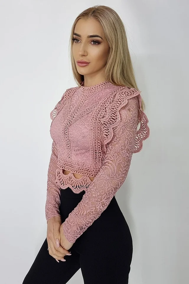 Camasa Ryna, cu maneci lungi, din dantela, Roz, Marime S/M