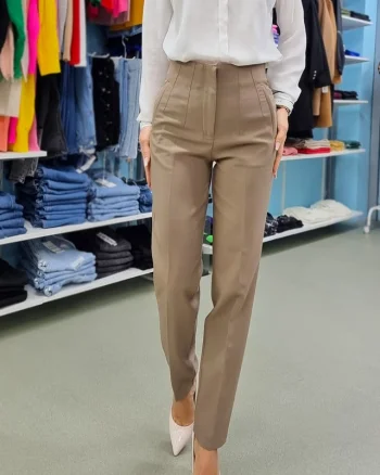 Pantaloni eleganti, ChicMe, cu talie inalta, Bej