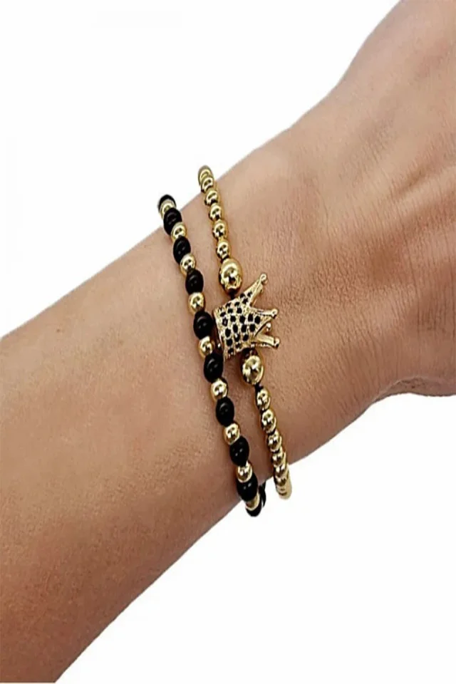 Set Queen, doua bratari unisex, cu bile din inox si cristale de zirconiu
