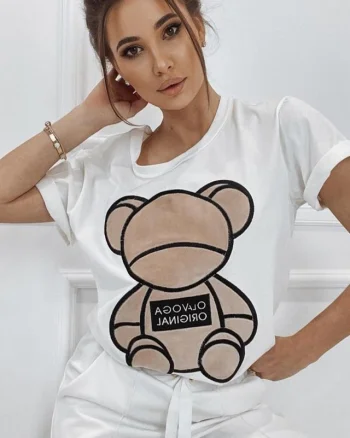 Tricou Kyra, cu imprimeu "ursulet" , Alb