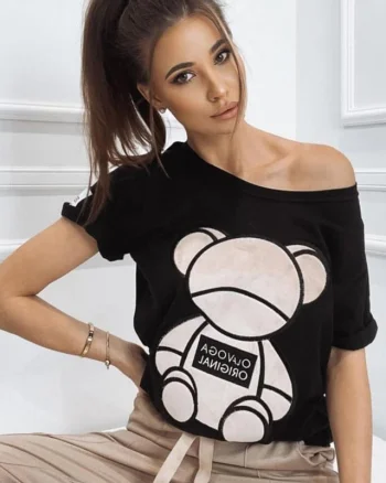 Tricou Kyra, cu imprimeu "ursulet" , Negru