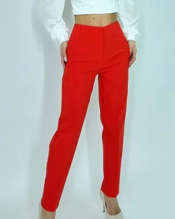 Pantaloni eleganti, ChicMe, cu talie inalta, Rosu