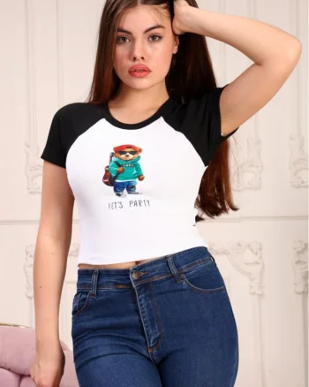 Tricou dama Let's Party, cu imprimeu "ursulet", Alb-Negru