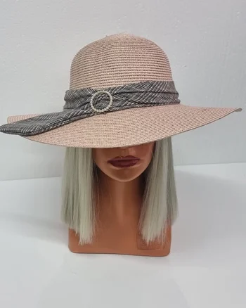 Palarie de plaja Celia cu banderola in doua culori, roz pal