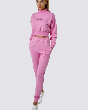 Compleu sport Mood, pantaloni si bluza pe gat, Roz