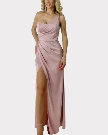 Rochie lunga Sharron, cu slit amplu pe picior si bretea pe un umar, Roz deschis, Masura S/M